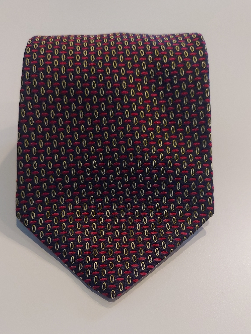 Vintage Bugatti Black Tie with Red & Gold Micro-Pattern